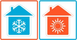 Icons of two houses side by side, one blue with a snowflake representing cooling and one red with a sun symbol representing heating