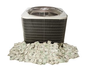 Air conditioner unit surrounded by cash, symbolizing energy savings and cost efficiency from HVAC upgrades