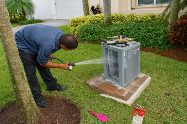 Technician cleaning an outdoor air conditioning condenser with a hose to remove dirt and improve performance