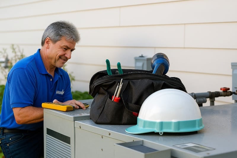 HVAC technician servicing an outdoor air conditioning unit with tools and a hard hat placed on top of the equipment.