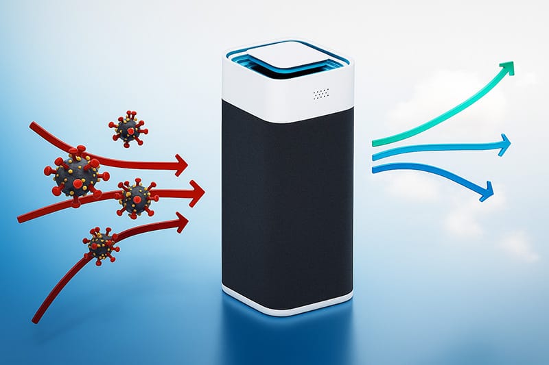 A digital rendering of an air purifier taking in dirt molecules and exerting clean air
