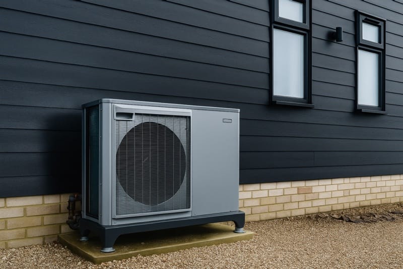 Outdoor air conditioning unit installed beside a modern house with dark siding