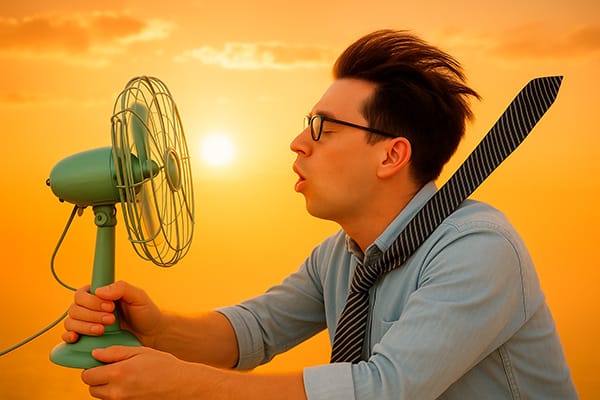 Man cooling off with an electric fan under a hot orange sky, his tie blown back by the airflow