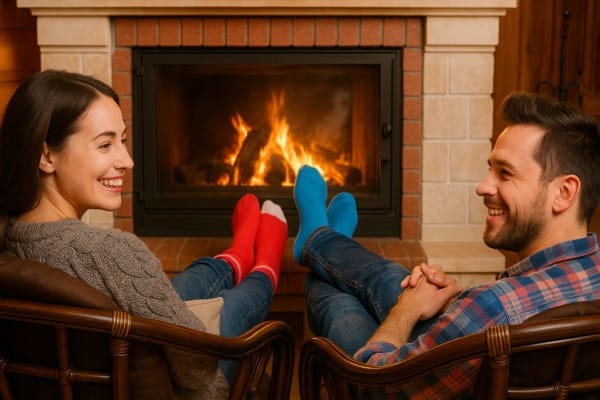Couple relaxing in front of a warm fireplace with their feet up, enjoying a cozy indoor atmosphere