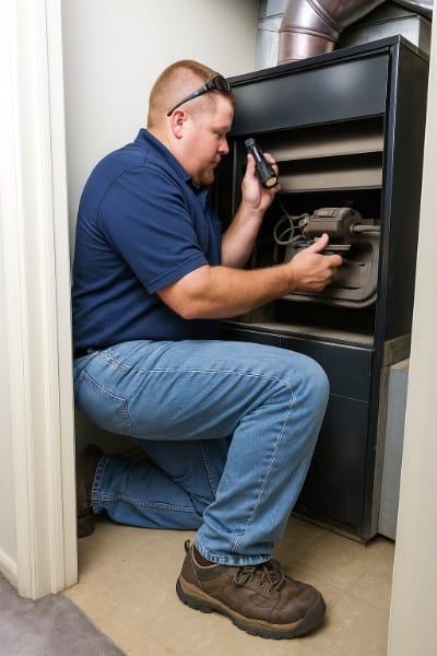 HVAC technician kneeling and inspecting the inside of a furnace with a flashlight during repair or maintenance