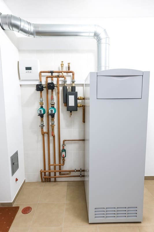 Modern residential furnace system with metal ductwork and connected pipes installed in a tiled utility room