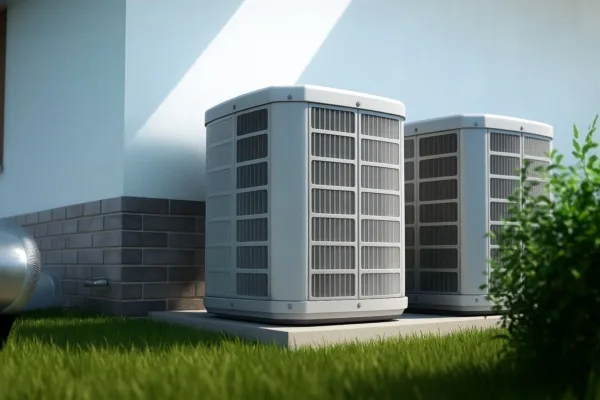 Digital rendering of a heat pump next to a house