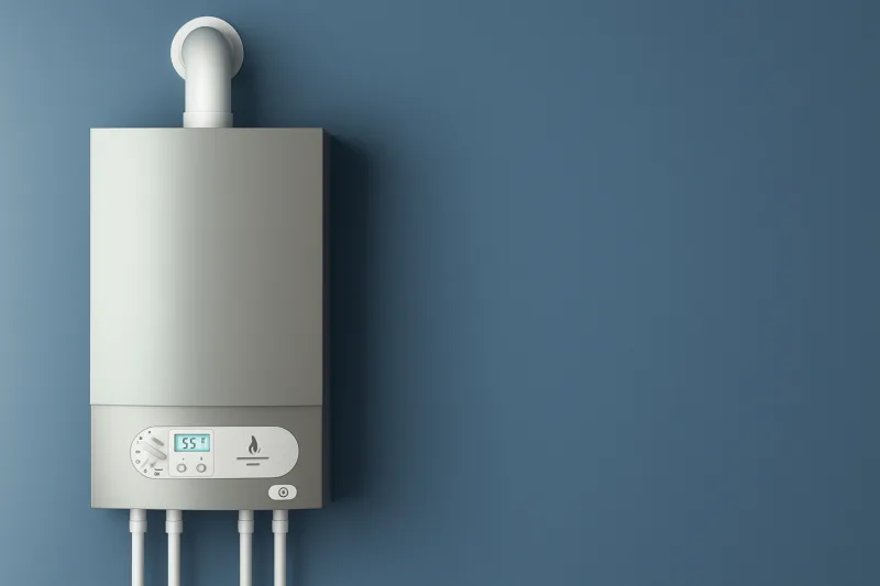 A digital rendering of a grey tankless water heater mounted on a blue wall