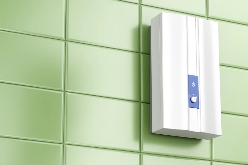 Compact tankless water heater mounted on a light green tiled wall