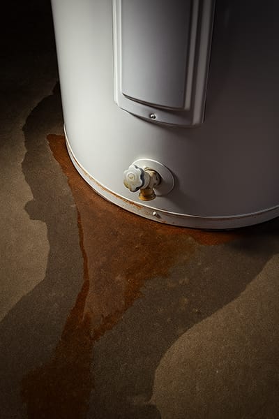 Leaking water heater with rust and water pooling on the floor