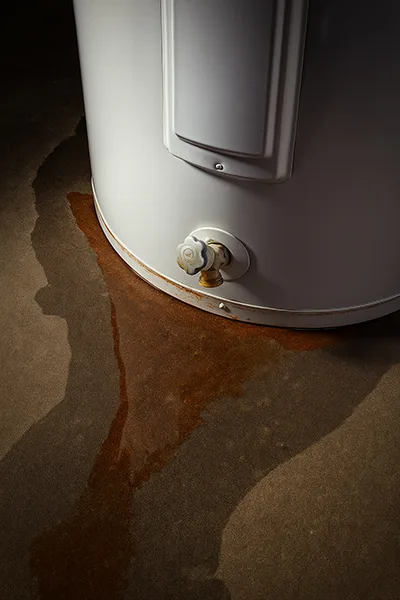 Leaking water heater with rust and water pooling on the floor