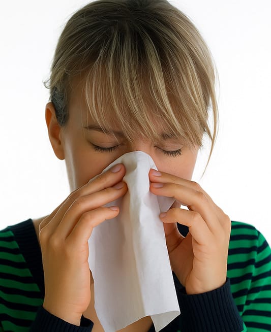 A woman blowing her nose into a tissue